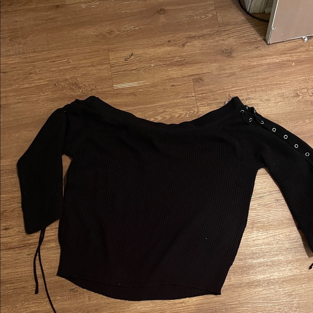 Polly & Esther Black Off-Shoulder Sweater with Grommet Details